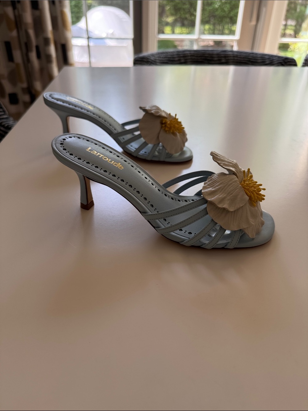 Larroude Light Blue Magnolia Slide Mules with Ivory Floral Detail - Picture 5 of 6